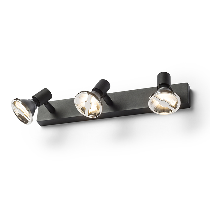 Spot minimalist din metal pentru instalarea pe perete sau tavan, potrivit pentru surse decorative, TRICA III de negru 230V GU10 3x25W