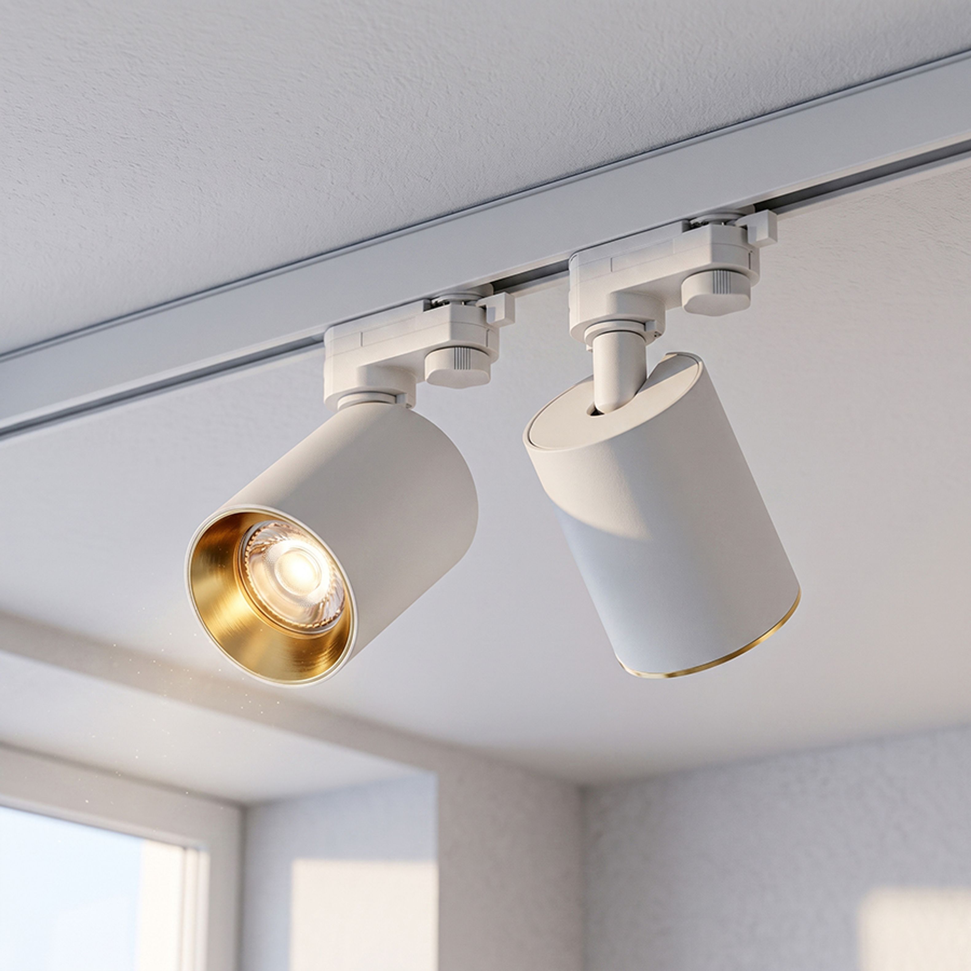 Spot cilindric cu soclu GU10 pentru surse de lumina LED, inclusiv o nuantă decorativa din alama, DARIO șină cu 3-circuite alb alamă pieptănat 230V LED 9W