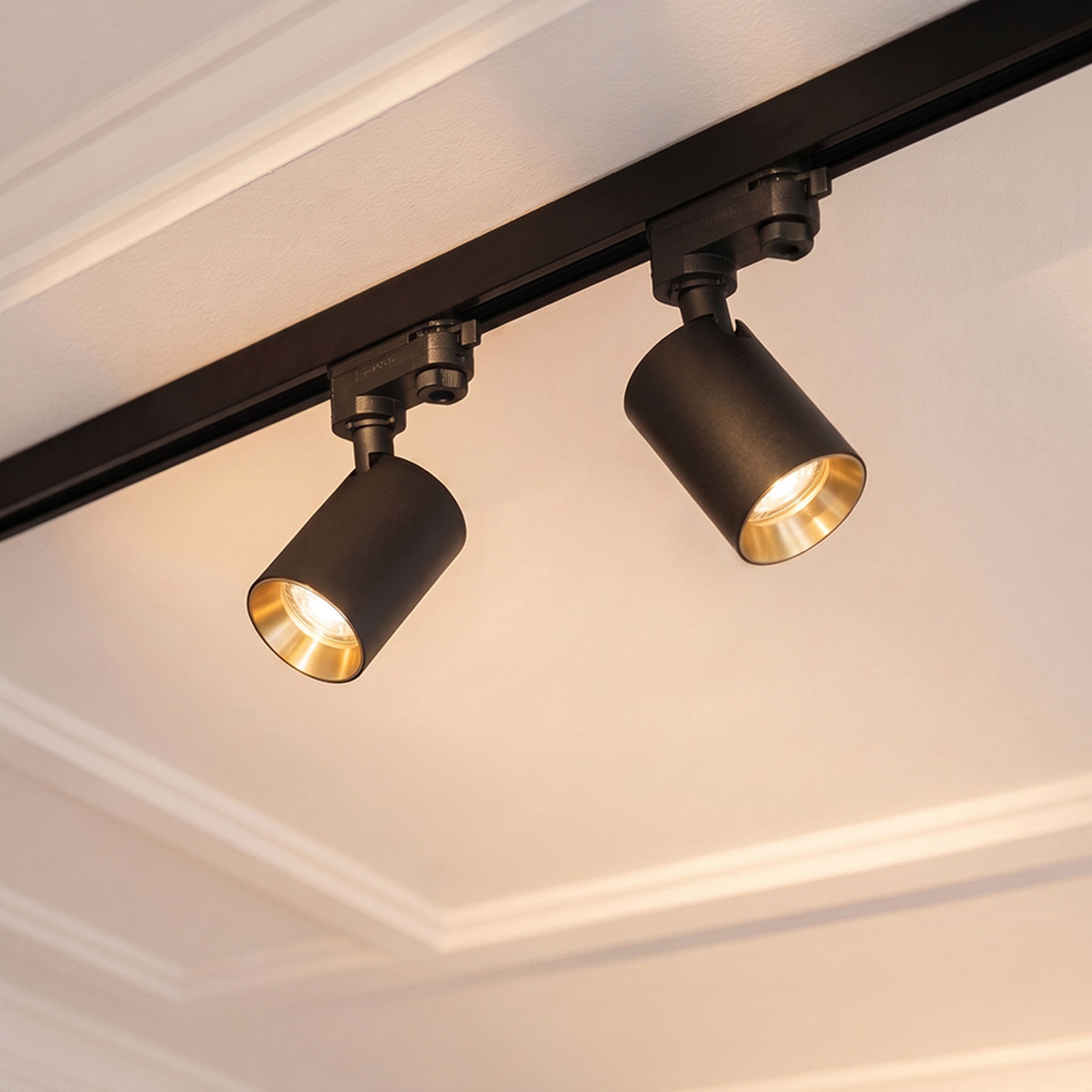 Spot cilindric cu soclu GU10 pentru surse de lumina LED, inclusiv o nuantă decorativa din alama, DARIO șină cu 3-circuite negru alamă pieptănat 230V LED 9W