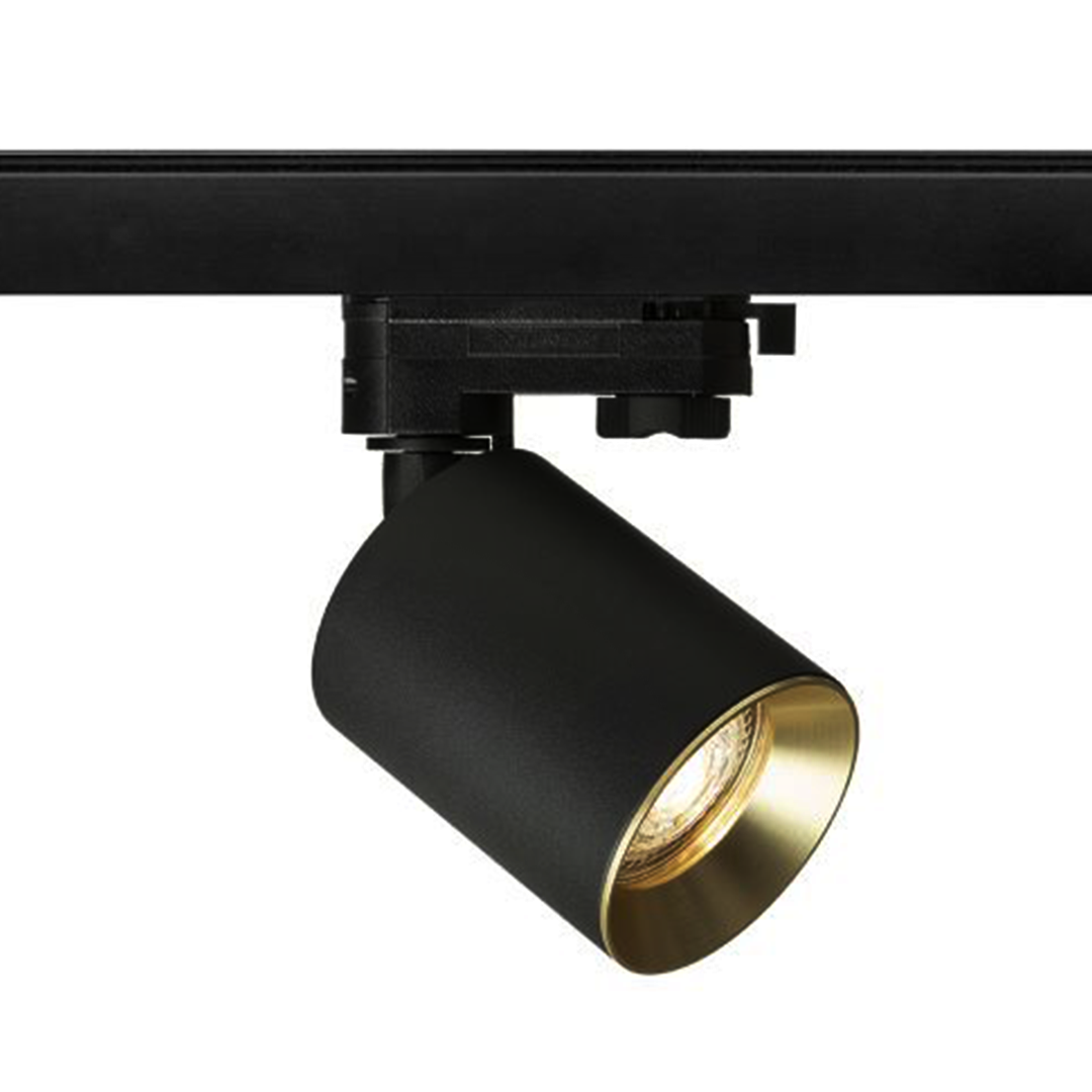 Spot cilindric cu soclu GU10 pentru surse de lumina LED, inclusiv o nuantă decorativa din alama, DARIO șină cu 3-circuite negru alamă pieptănat 230V LED 9W