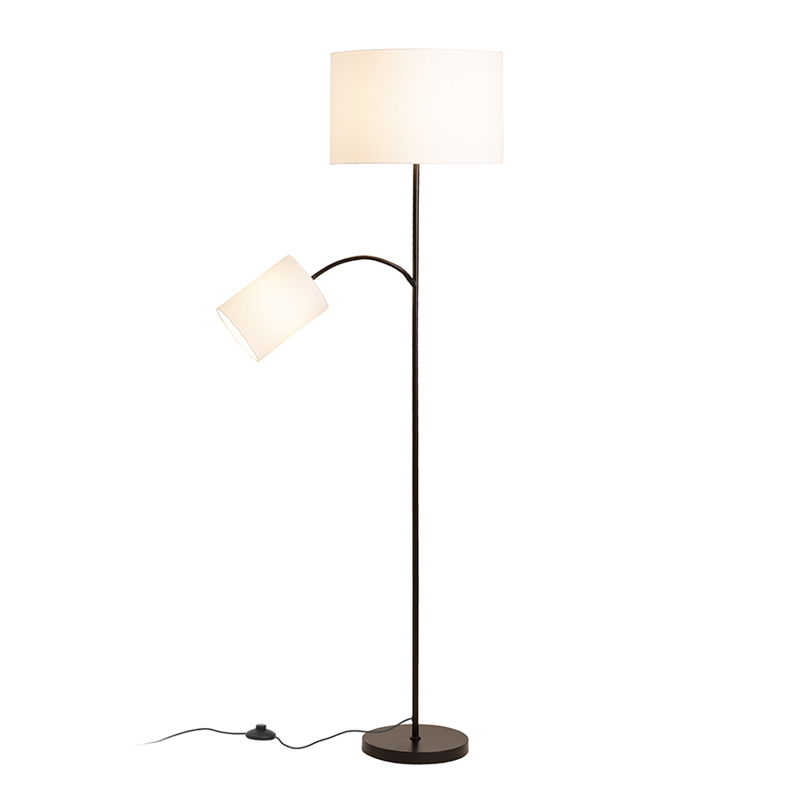 Suport de lampadare proiectat pentru iluminat general, cu brat suplimentar de citire si doua prize, PAMPA de bază negru 230V LED E27 11+7W