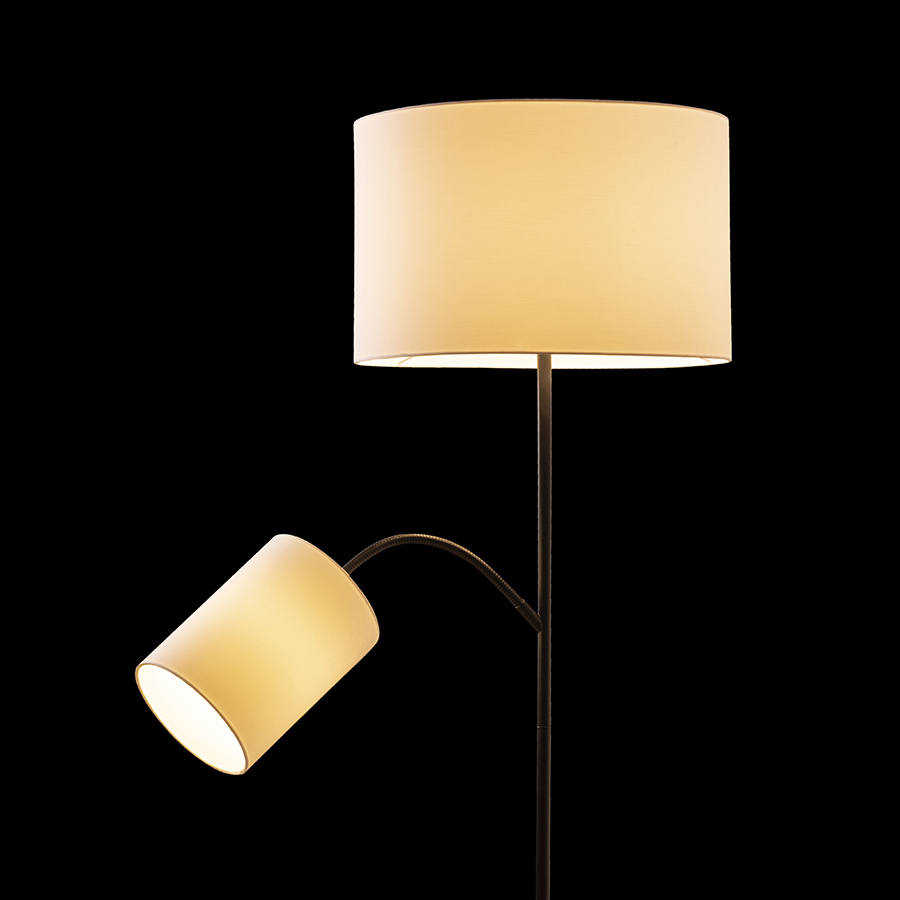 Suport de lampadare proiectat pentru iluminat general, cu brat suplimentar de citire si doua prize, PAMPA de bază negru 230V LED E27 11+7W