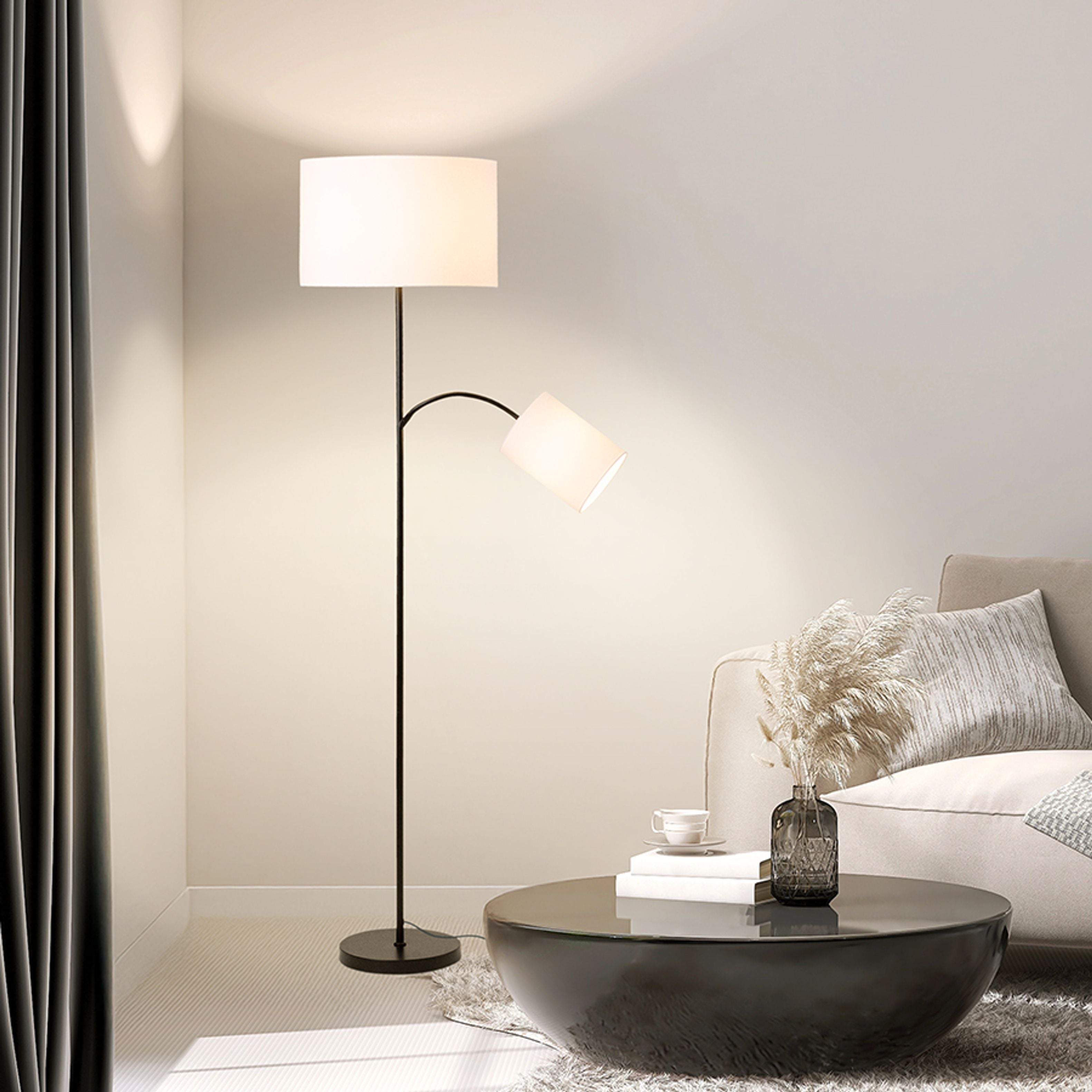 Suport de lampadare proiectat pentru iluminat general, cu brat suplimentar de citire si doua prize, PAMPA de bază negru 230V LED E27 11+7W