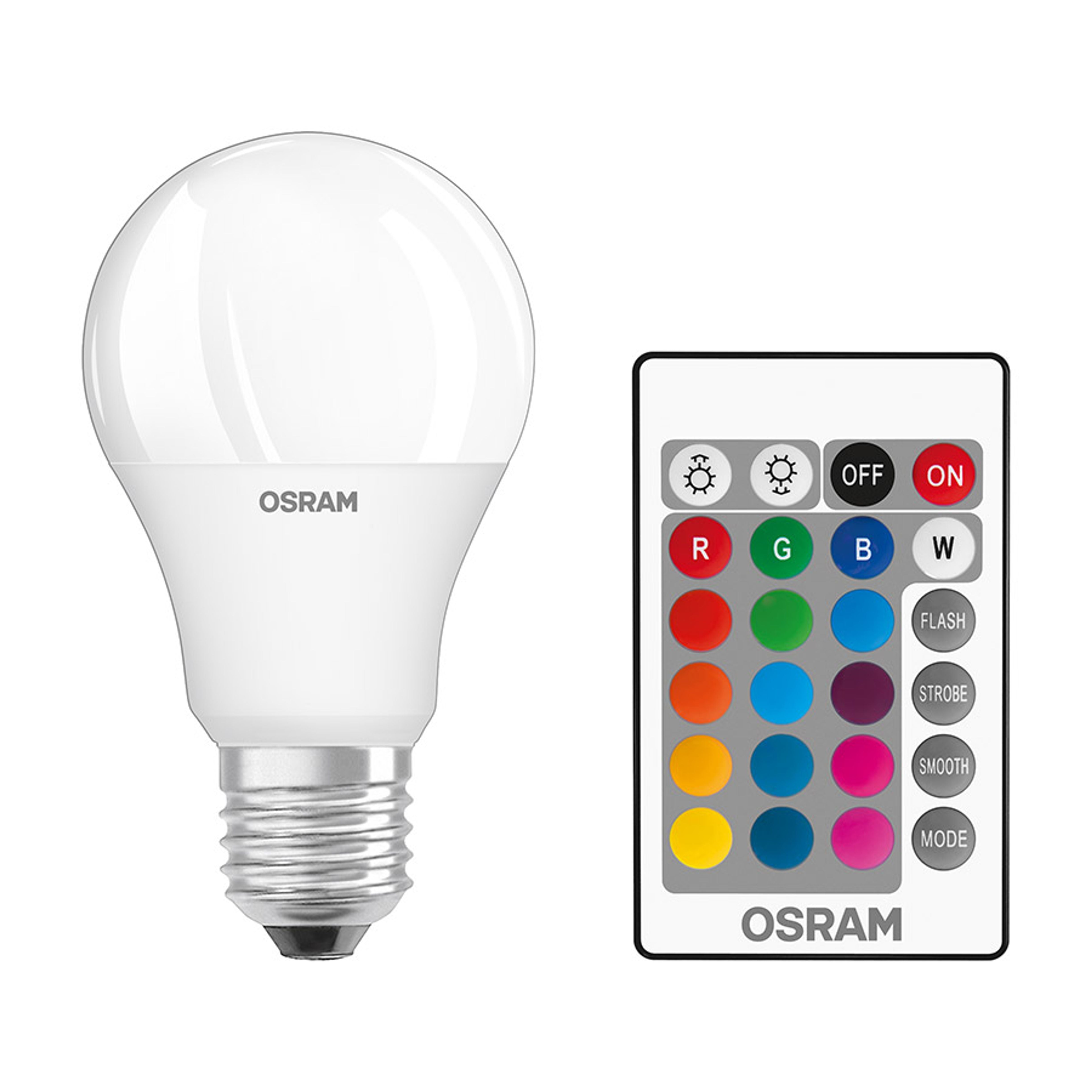 Sursă LED care poate fi folosita cu tehnologie RGB sau iluminare albă caldă, OSRAM RGBW Classic A mat 230V E27 EQ60 2700K