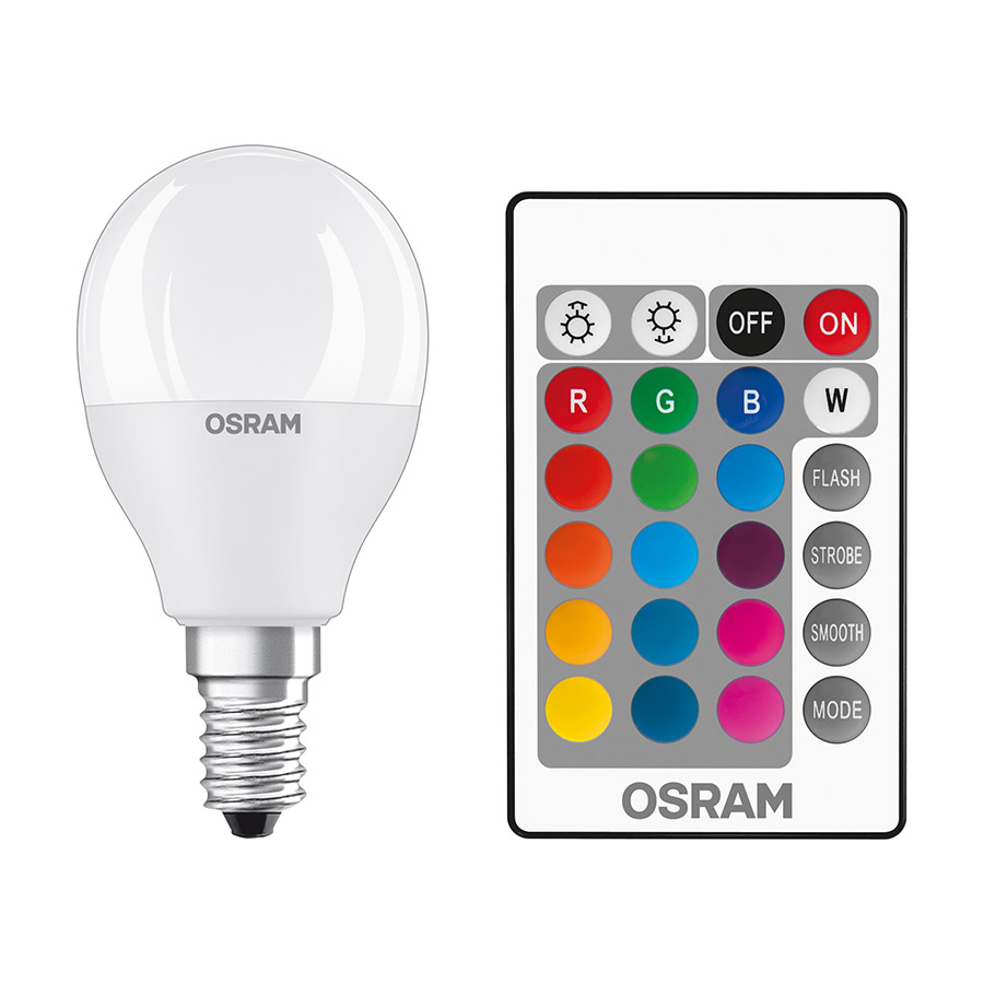 Sursă LED care poate fi folosita cu tehnologie RGB sau iluminare albă caldă, OSRAM RGBW iluminator mat 230V E14 EQ40 2700K