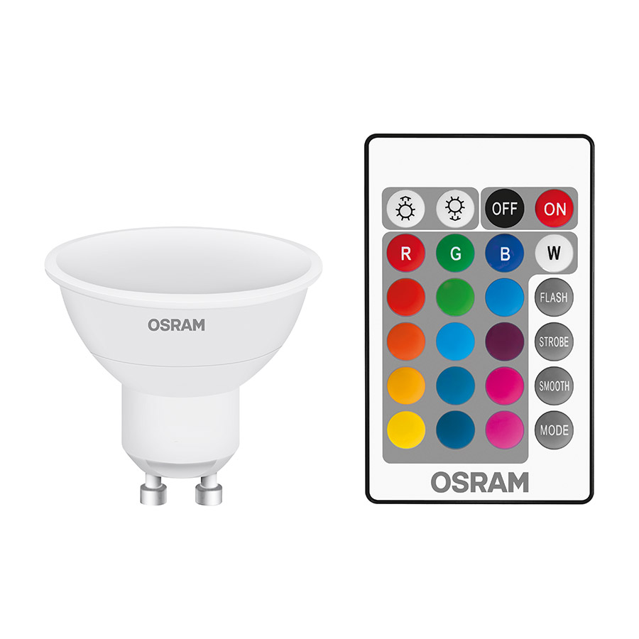 Sursă LED care poate fi folosita cu tehnologie RGB sau iluminare albă caldă, OSRAM RGBW PAR16 alb 230V GU10 EQ25 2700K