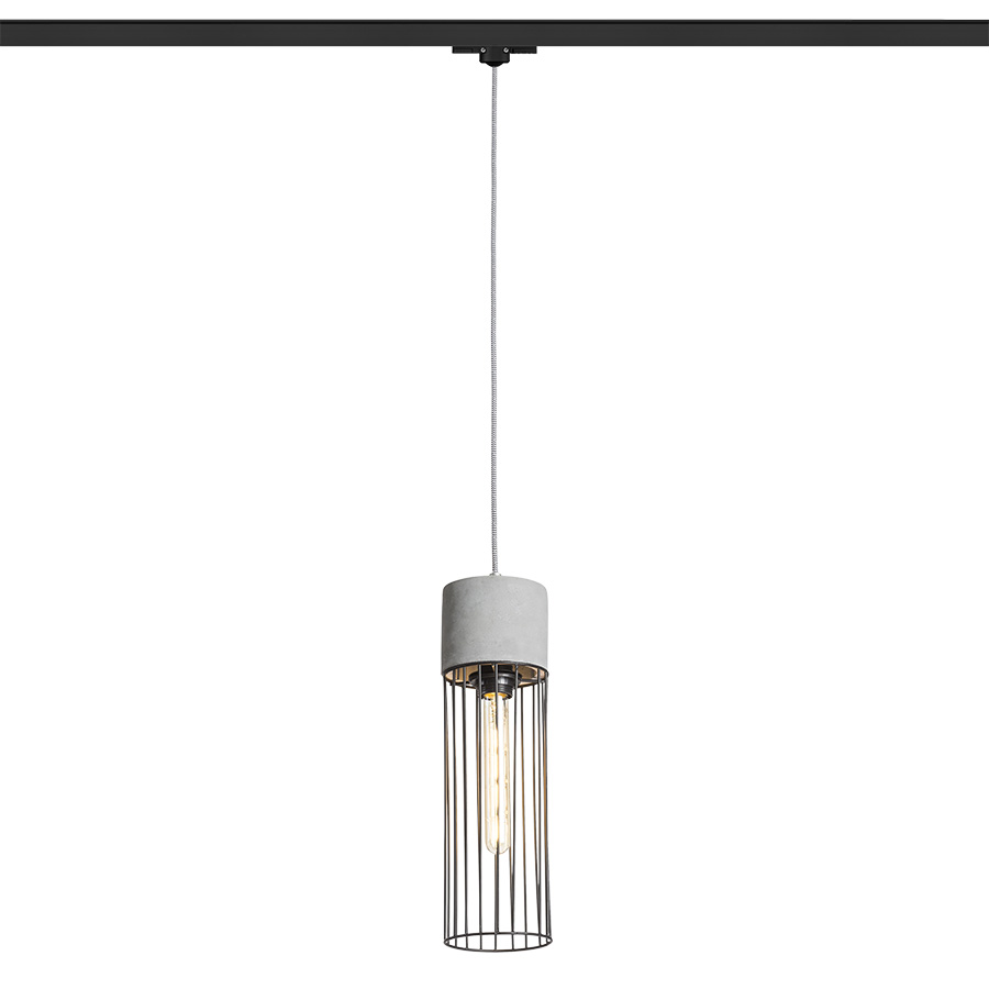 Suspensie din beton cu abajur din sârmă metalică, priză E27 și adaptor pentru șine cu 3-circuite, BURTON șină cu beton/negru 230V LED 11W